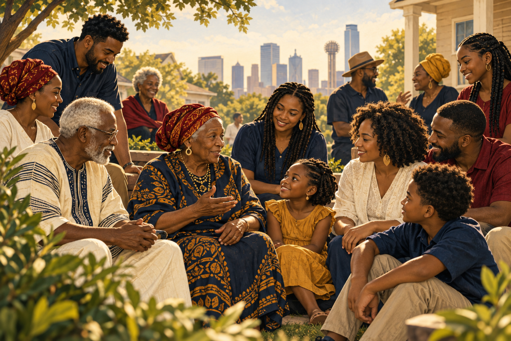 Community members connecting across generations — AI-generated illustration