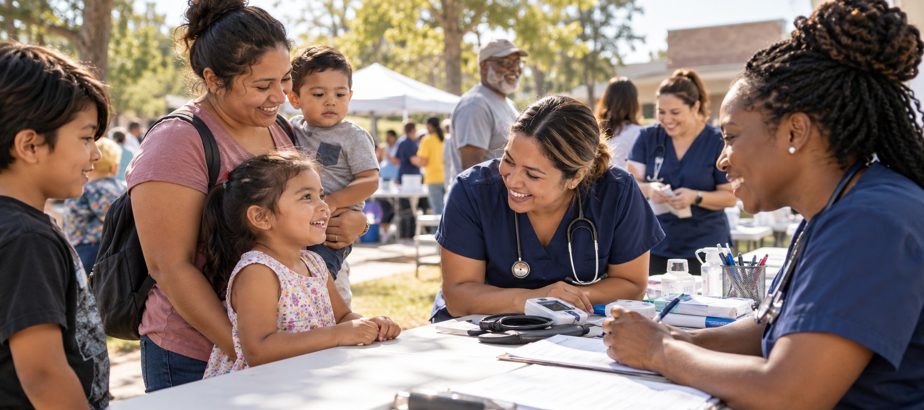 Original generated photograph of volunteers welcoming families at a community health outreach in North Texas.