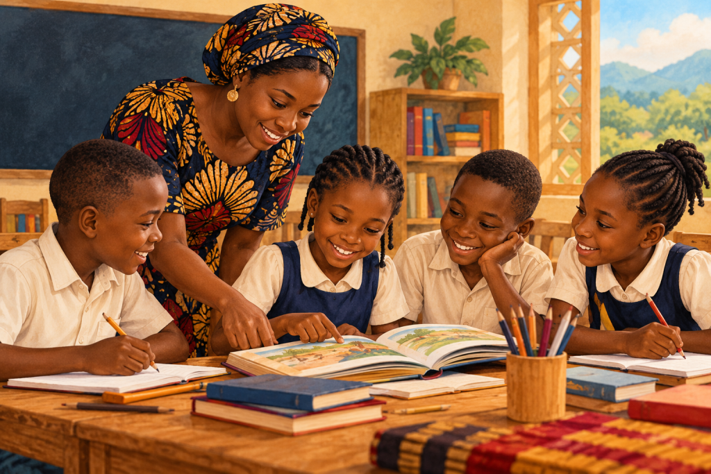 Children learning with a teacher in Cameroon — AI-generated illustration
