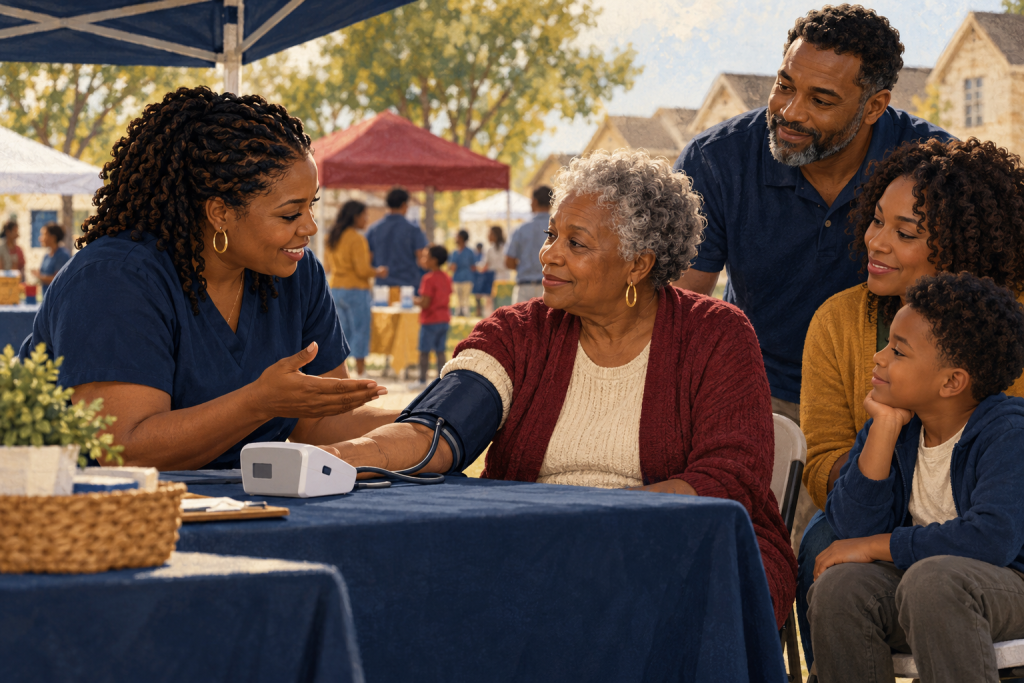 Community wellness education and screening — AI-generated illustration