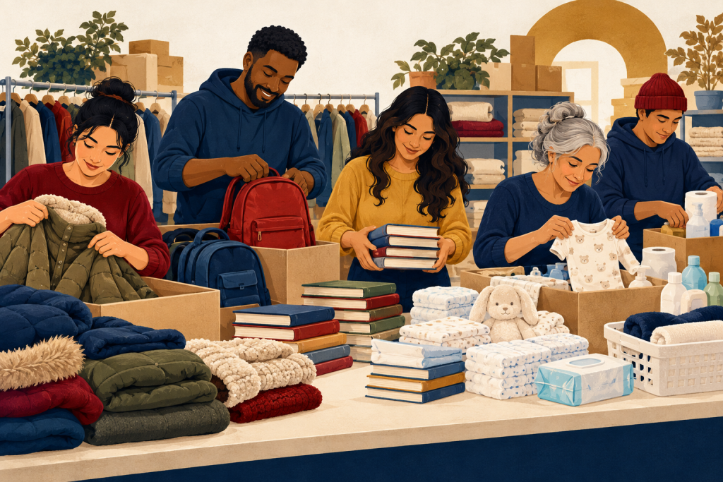 Volunteers sorting donated essentials — AI-generated illustration
